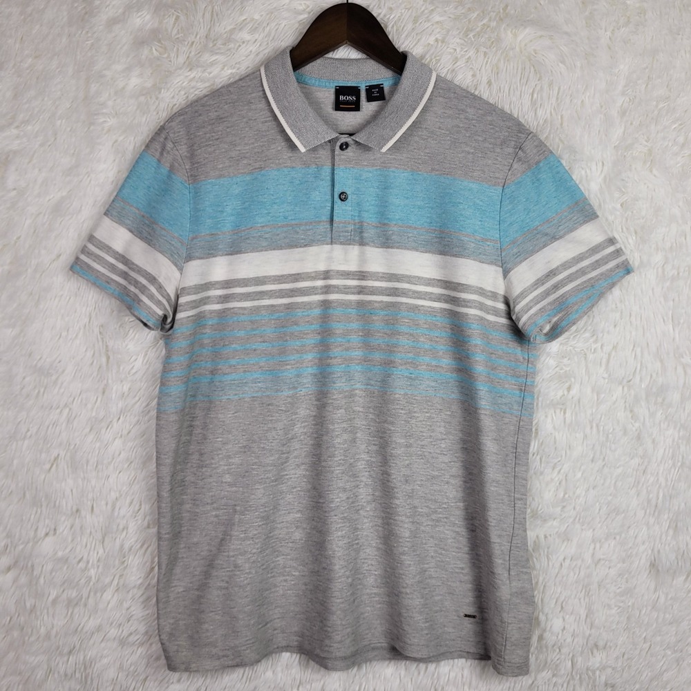 Hugo Boss Mens Cotton Linen Striped Polo Shirt Grey Teal White Short‎ Sleeve L